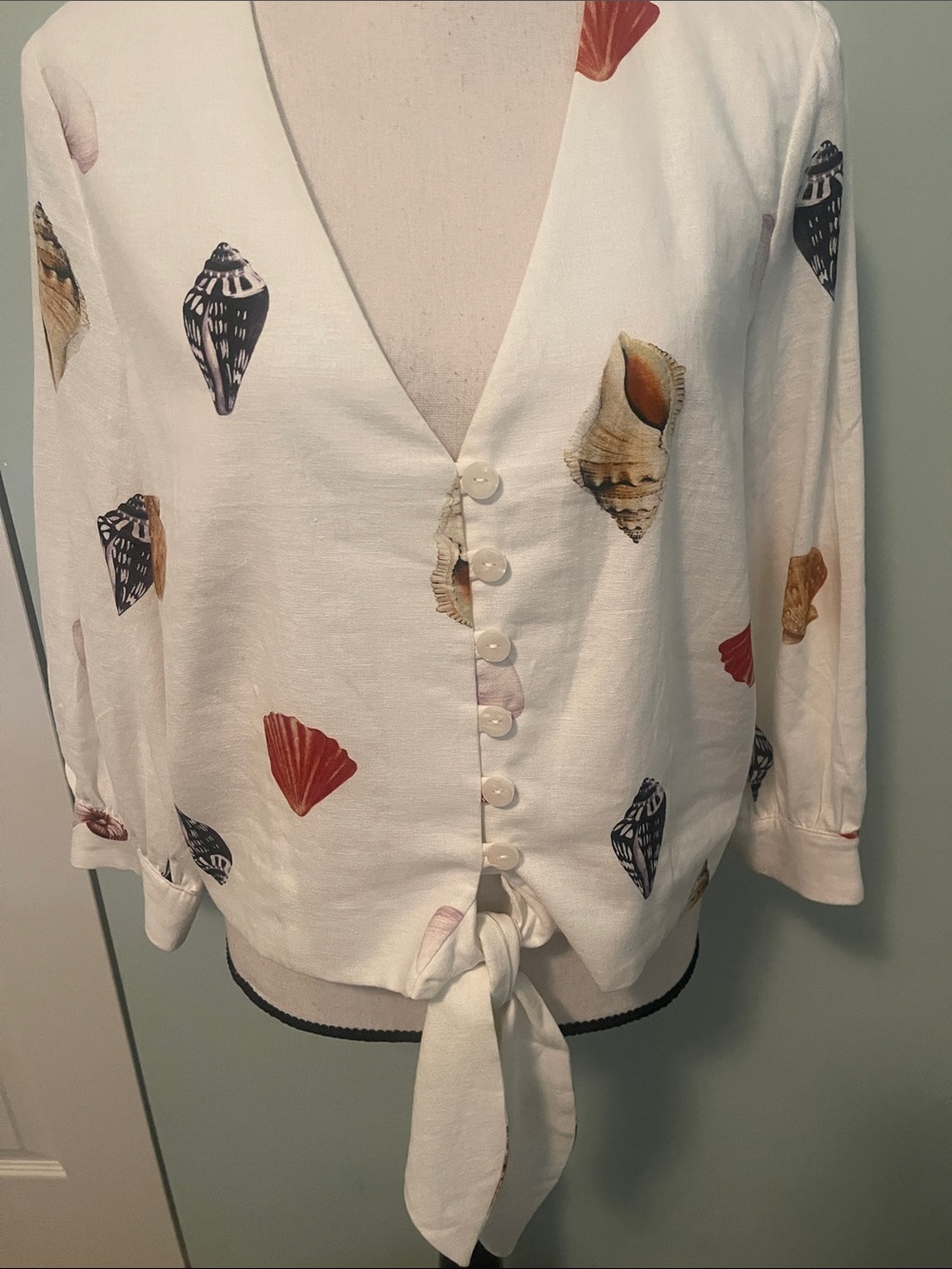 Rachel Zoe NWT Cream Shell-Print Linen Blend Blouse